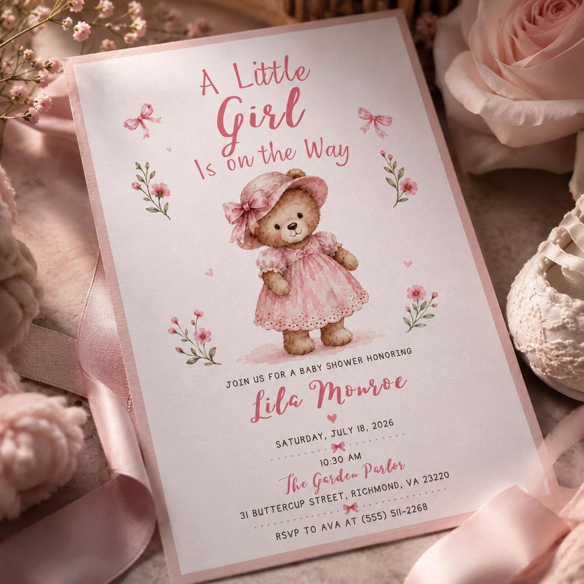 Pink Teddy Bear Baby Shower Invitation for Girls — baby shower stationery by VoltBy