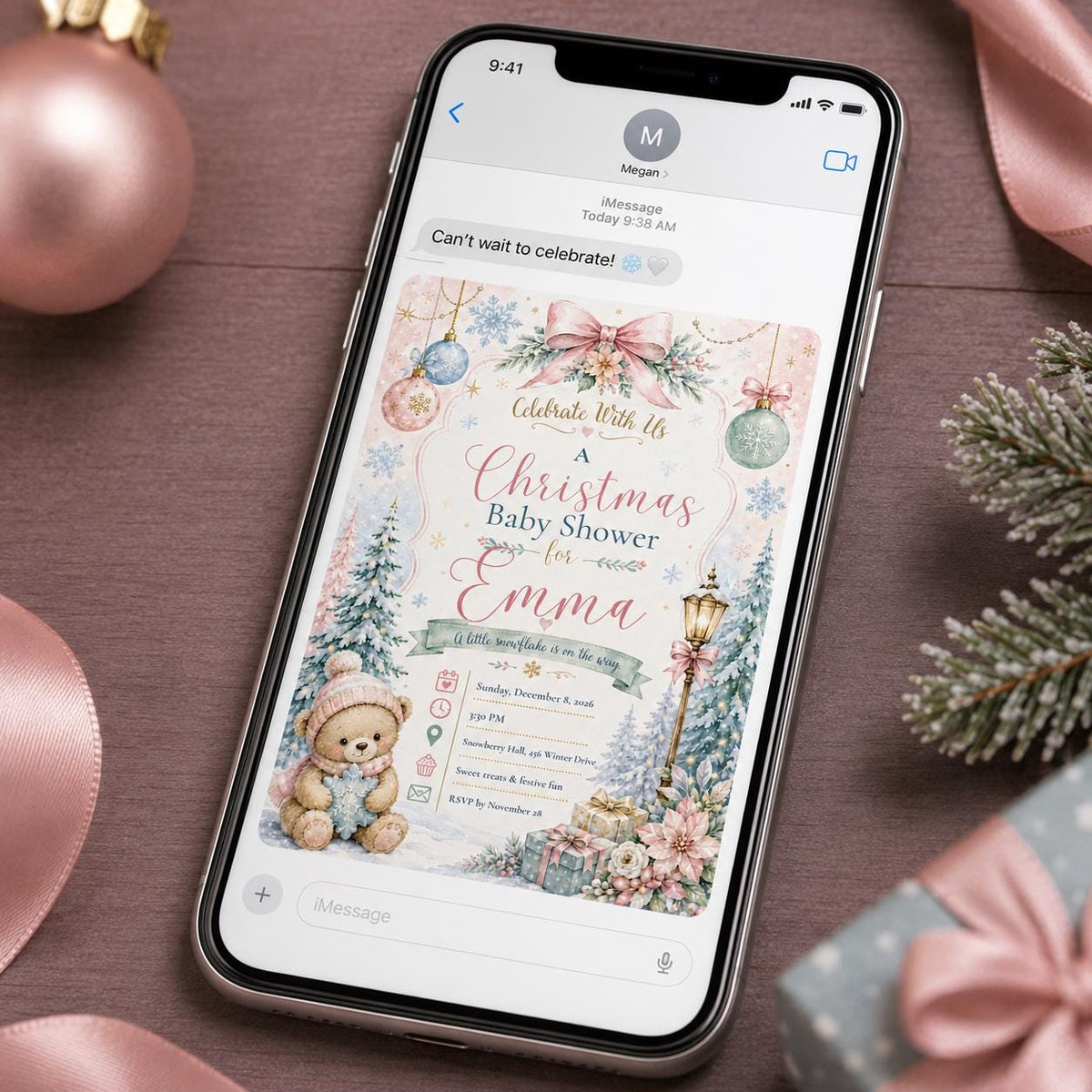 Pink Teddy Bear Winter Baby Shower Invitation for Girls — print-ready baby shower design from VoltBy