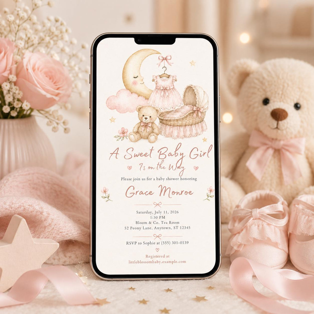 Pink Vintage Baby Girl Shower Invitation — digital invitation, instant download