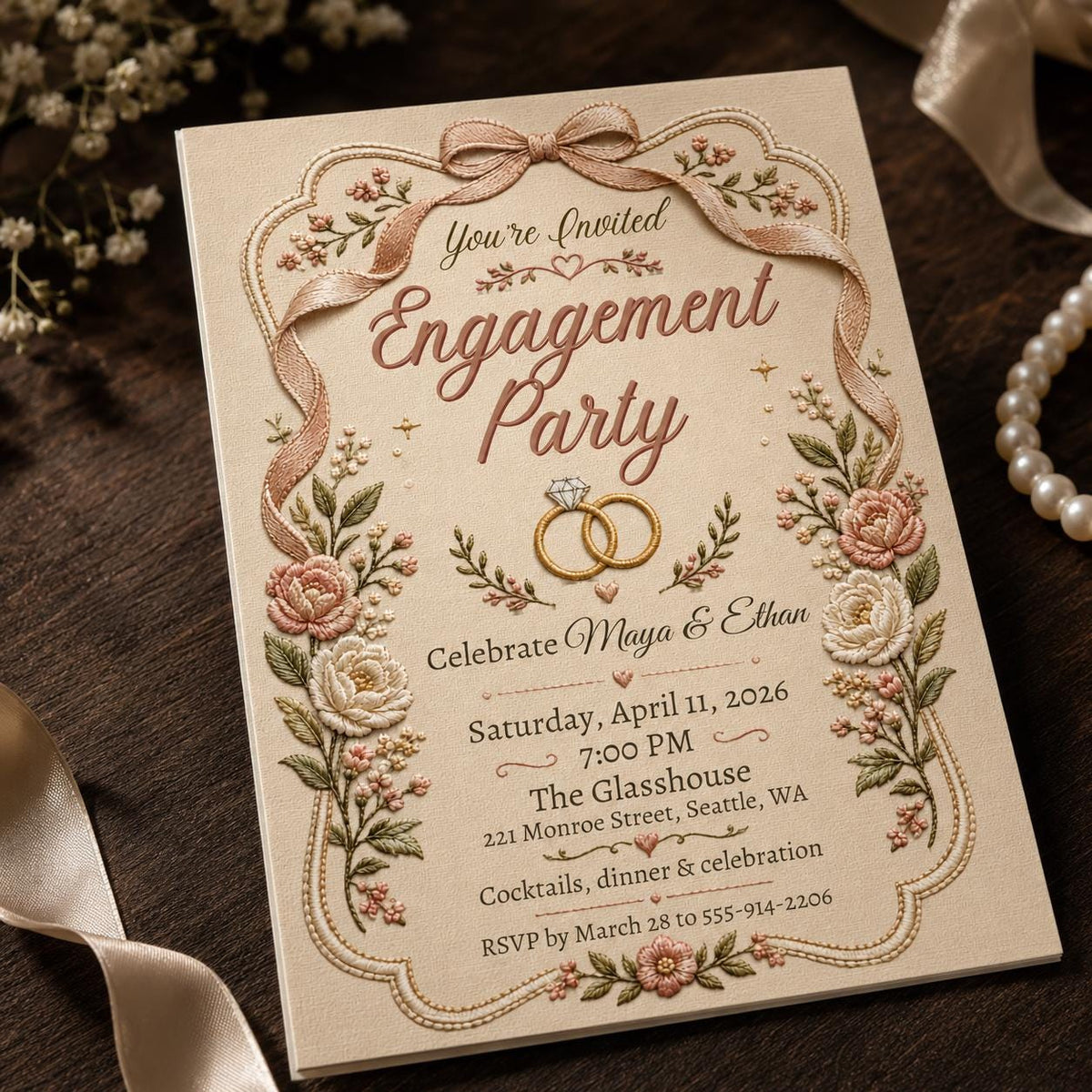 Pink Vintage Engagement Party Invitation — print-ready engagement party design from VoltBy
