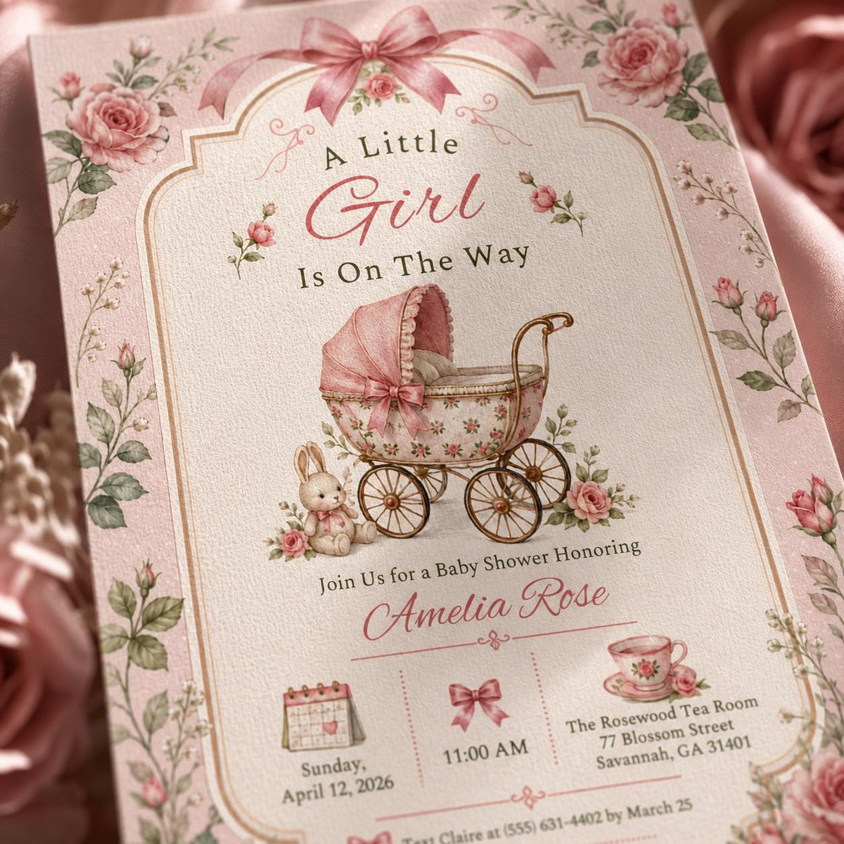 Pink Vintage Girl Baby Shower Invitation — print-ready baby shower design from VoltBy