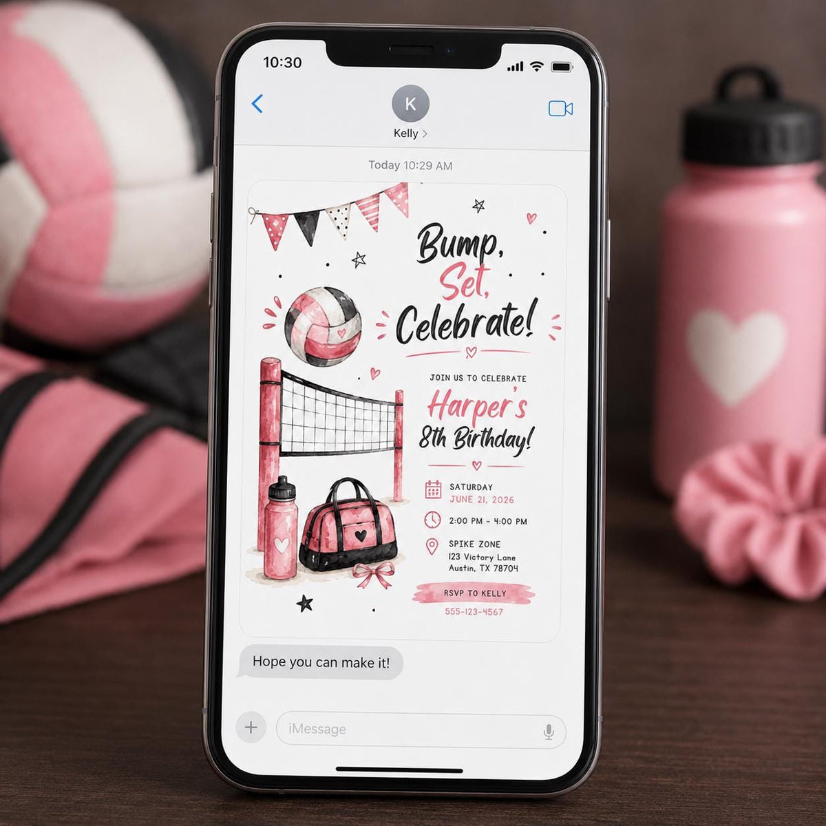 Pink Volleyball 8th Birthday Invitation for Girls — digital invitation, instant download