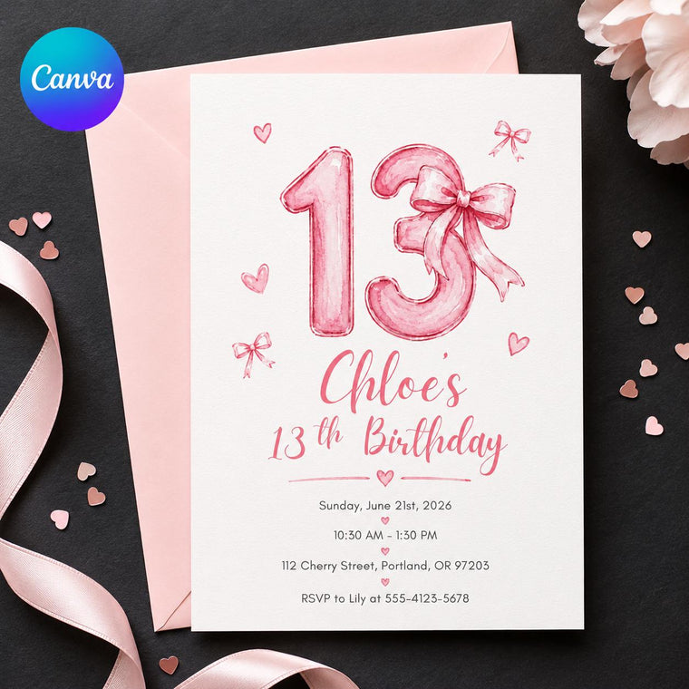 Pink Watercolor 13th Birthday Invitation for Girls