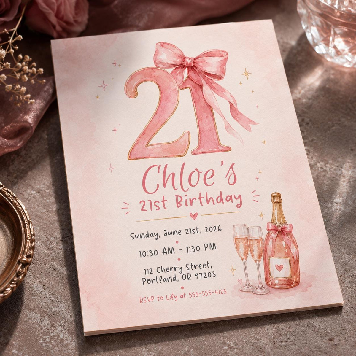 Pink Watercolor 21st Birthday Invitation for Girls — print-ready 21st birthday party design from VoltBy