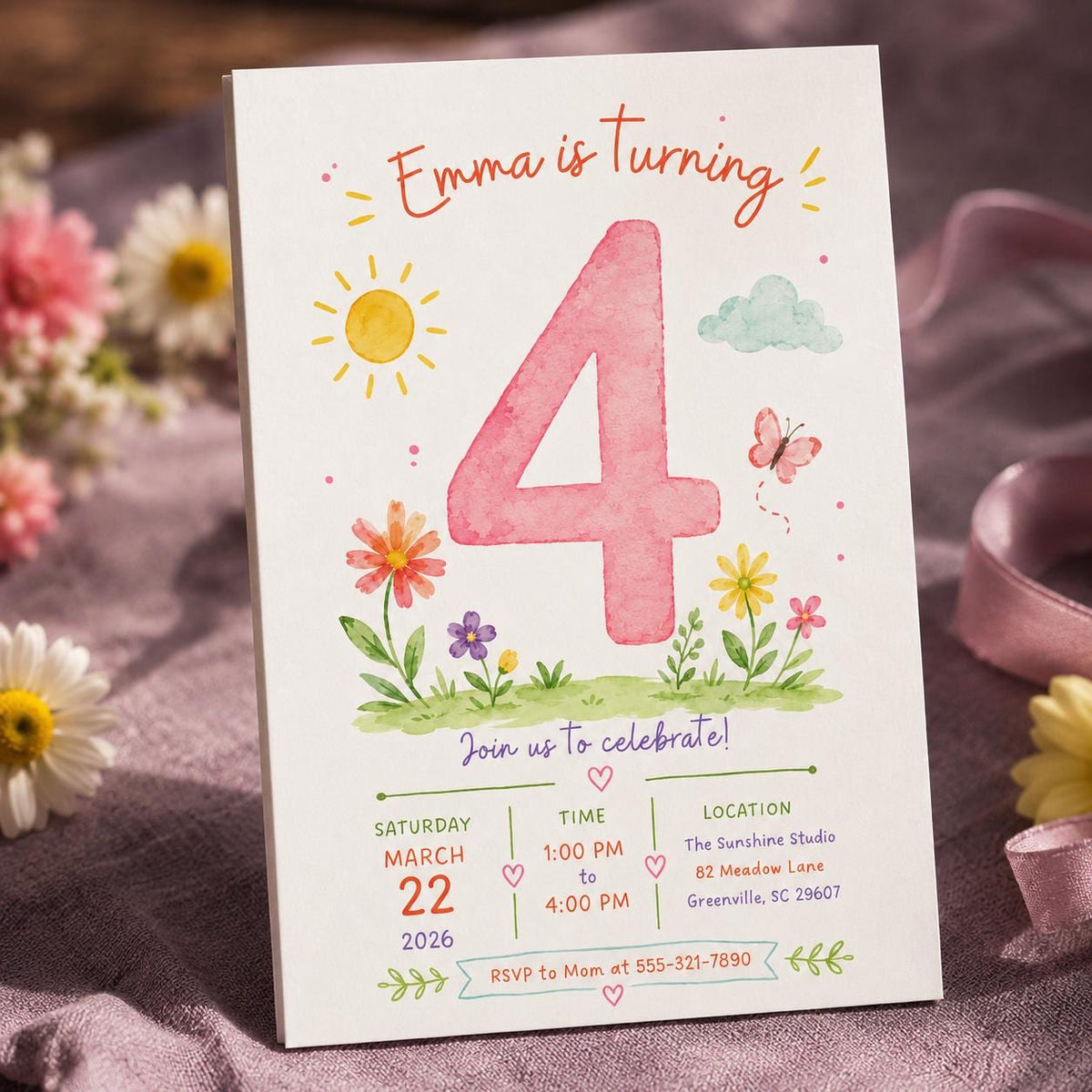 Pink Watercolor 4th Birthday Invitation for Girls — print-ready 4th birthday party design from VoltBy