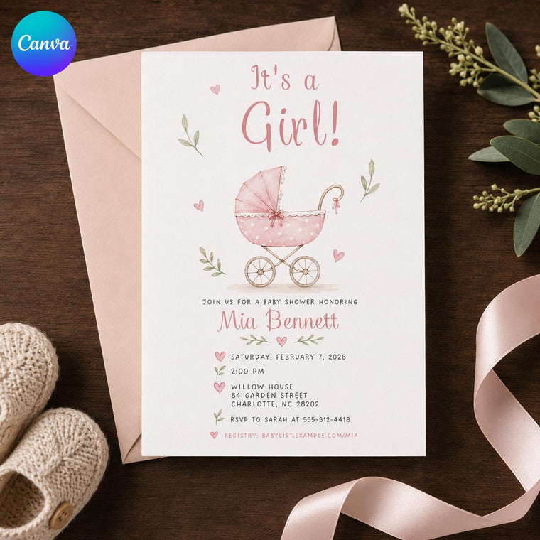 Pink Watercolor Baby Girl Shower Invitation