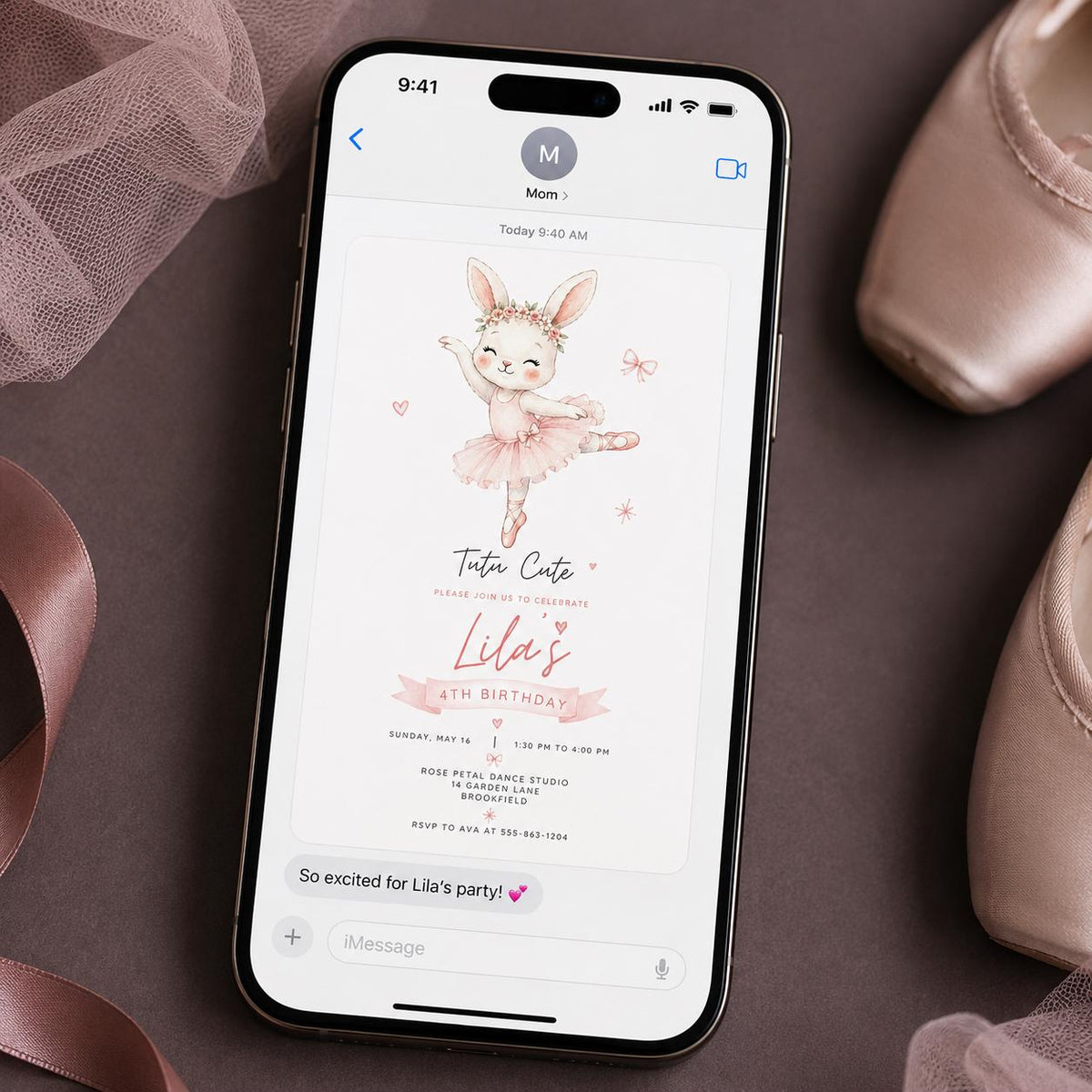 Pink Watercolor Ballerina Bunny 4th Birthday Invitation — digital invitation, instant download
