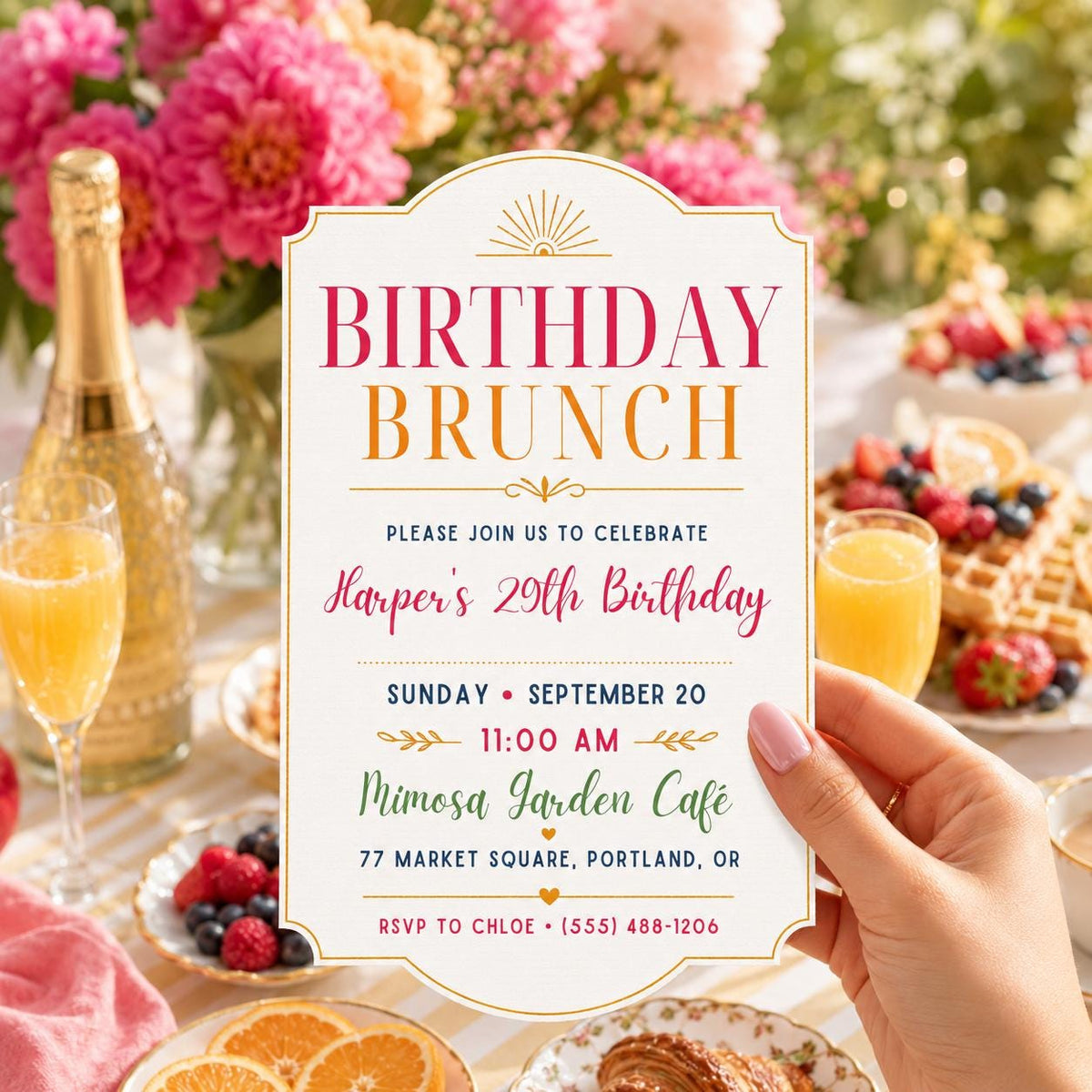 Pink Watercolor Birthday Brunch Invitation — print-ready birthday party design from VoltBy