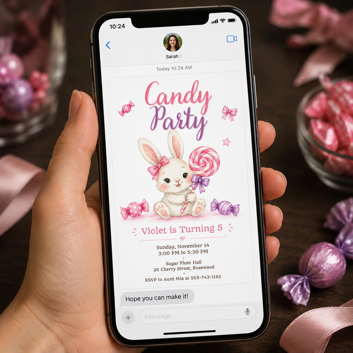Pink Watercolor Candy 5th Birthday Invitation for Girls — digital invitation, instant download