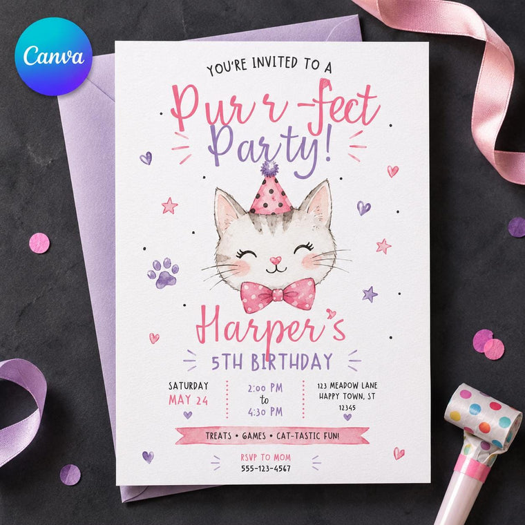 Pink Watercolor Cat 5th Birthday Invitation for Girls