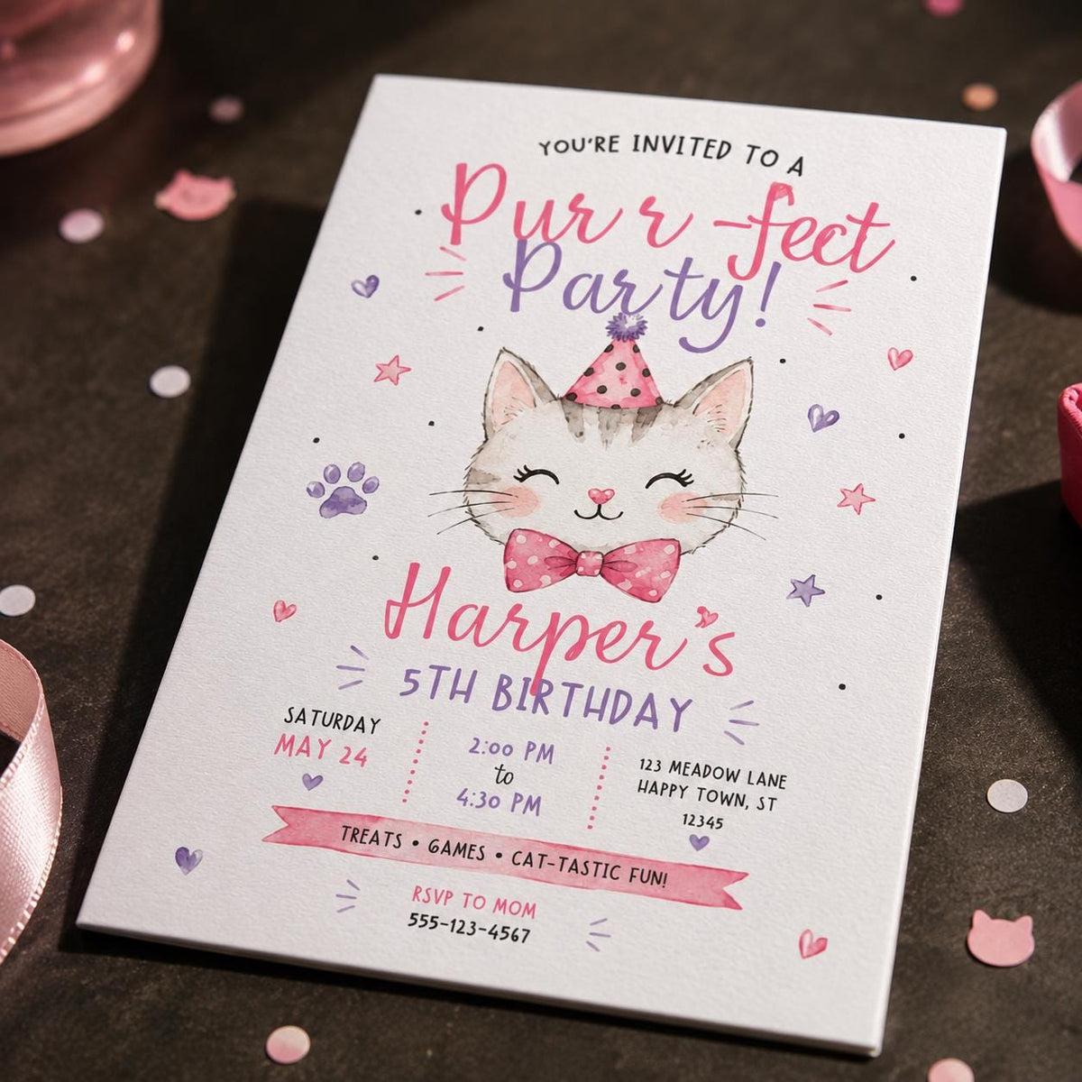 Pink Watercolor Cat 5th Birthday Invitation for Girls — 5th birthday party stationery by VoltBy