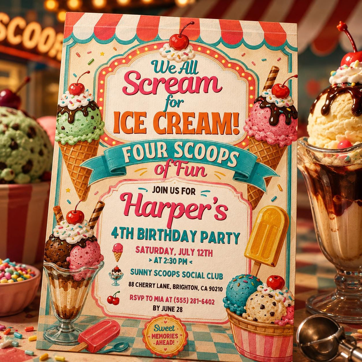 Pink Watercolor Ice Cream 4th Birthday Invitation — digital invitation, instant download