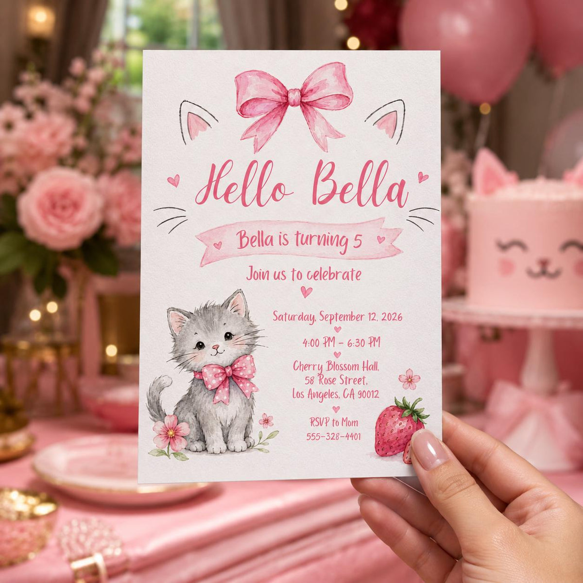 Pink Watercolor Kitten 5th Birthday Invitation for Girls — digital invitation, instant download
