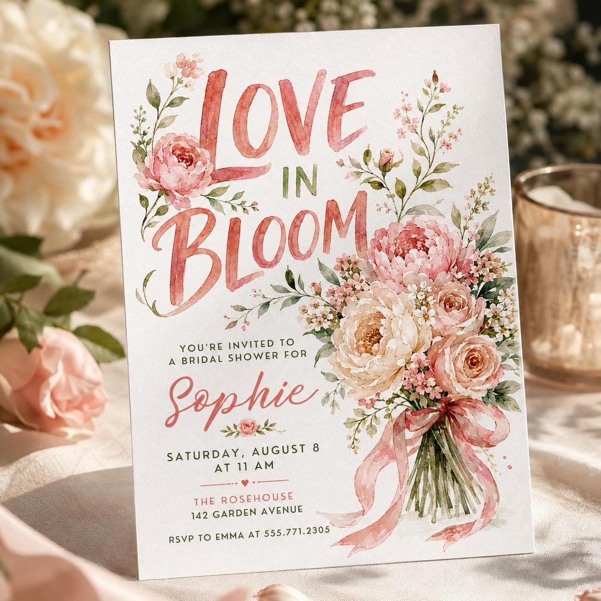 Pink Watercolor Love in Bloom Bridal Shower Invitation — print-ready bridal shower design from VoltBy