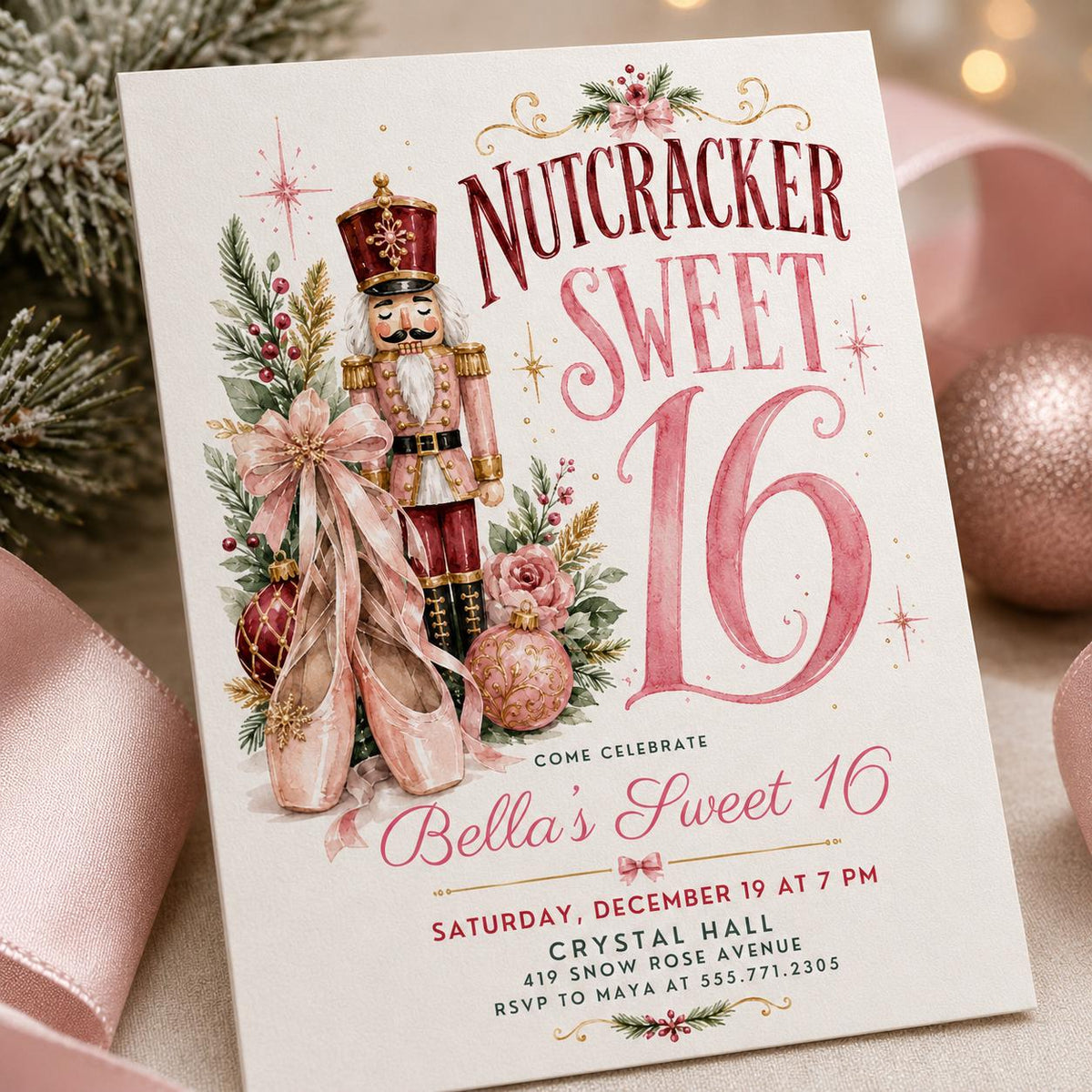 Pink Watercolor Nutcracker Sweet 16 Invitation — digital invitation, instant download