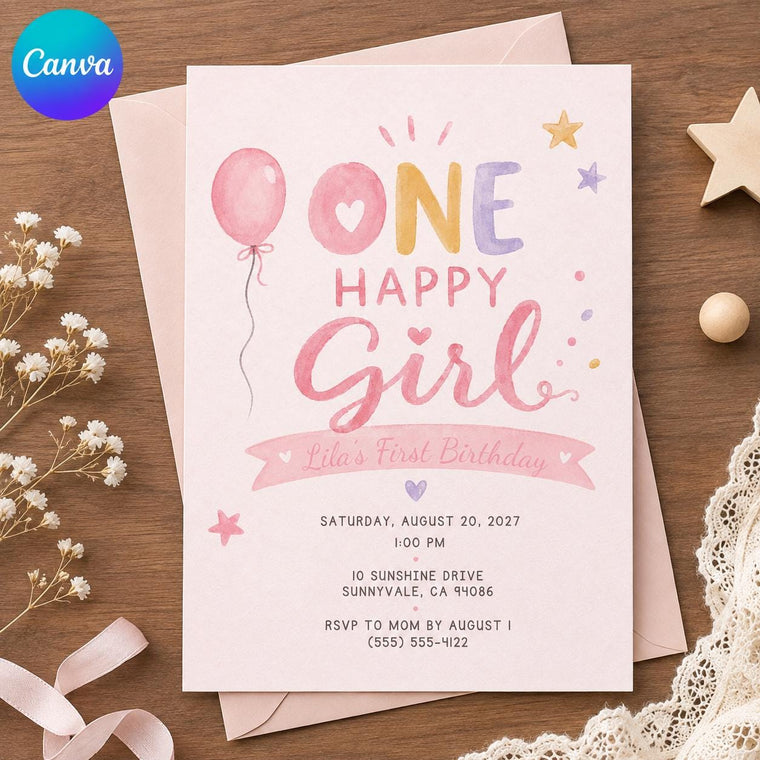 Pink Watercolor One Happy Girl First Birthday Invitation