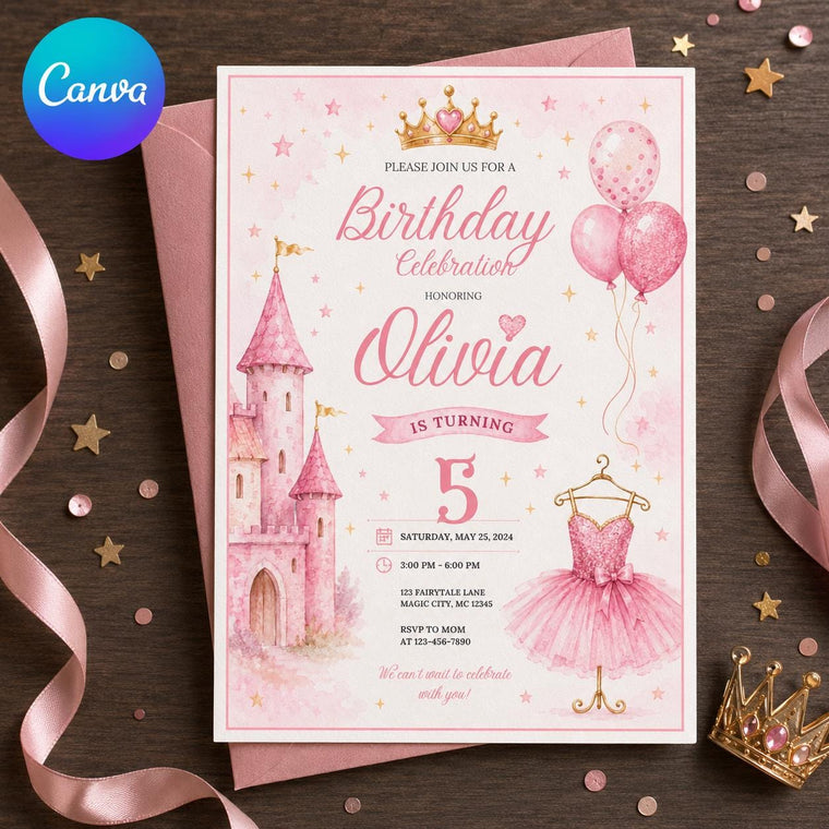 Pink Watercolor Princess 5th Birthday Invitation for Girls