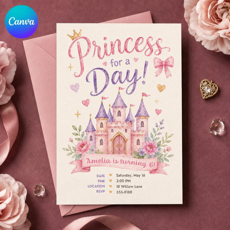 Pink Watercolor Princess 6th Birthday Invitation for Girls
