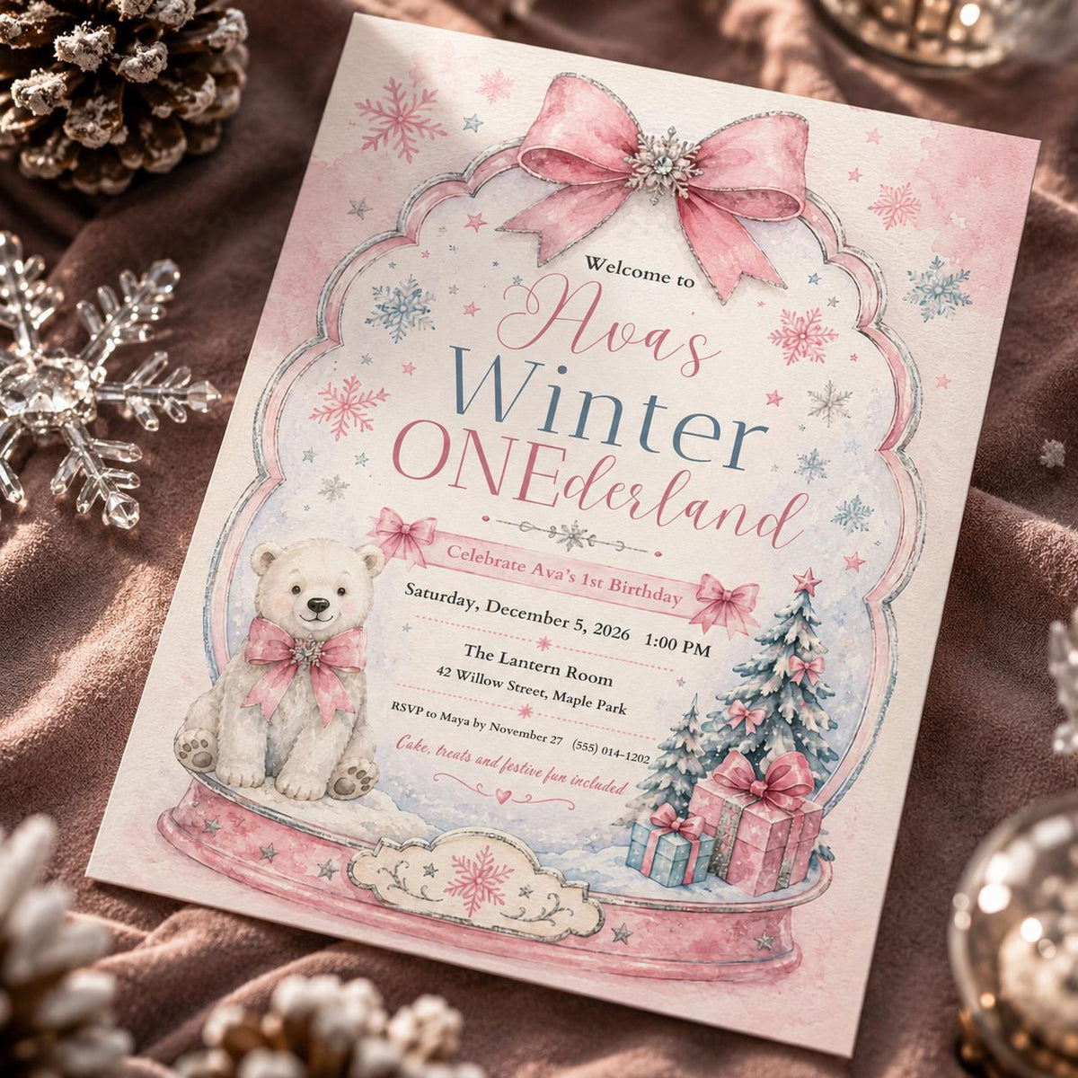 Pink Winter ONEderland 1st Birthday Invitation for Girls — digital invitation, instant download