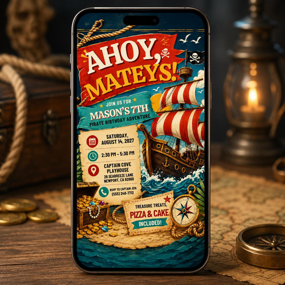 Pirate 7th Birthday Invitation for Boys — 7th birthday party stationery by VoltBy