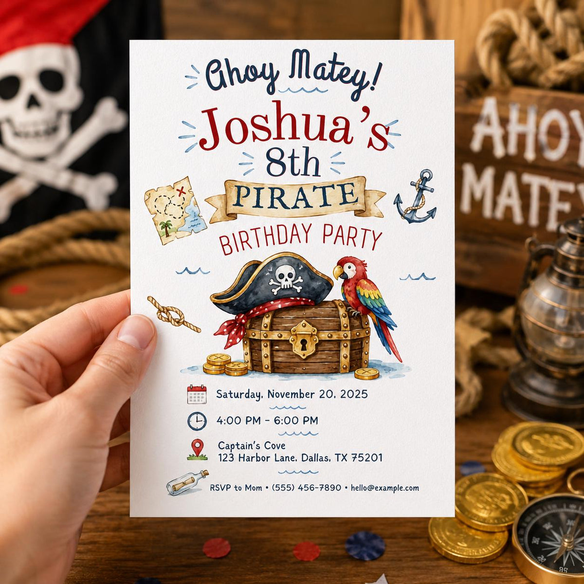 Pirate 8th Birthday Invitation for Boys — 8th birthday party stationery by VoltBy