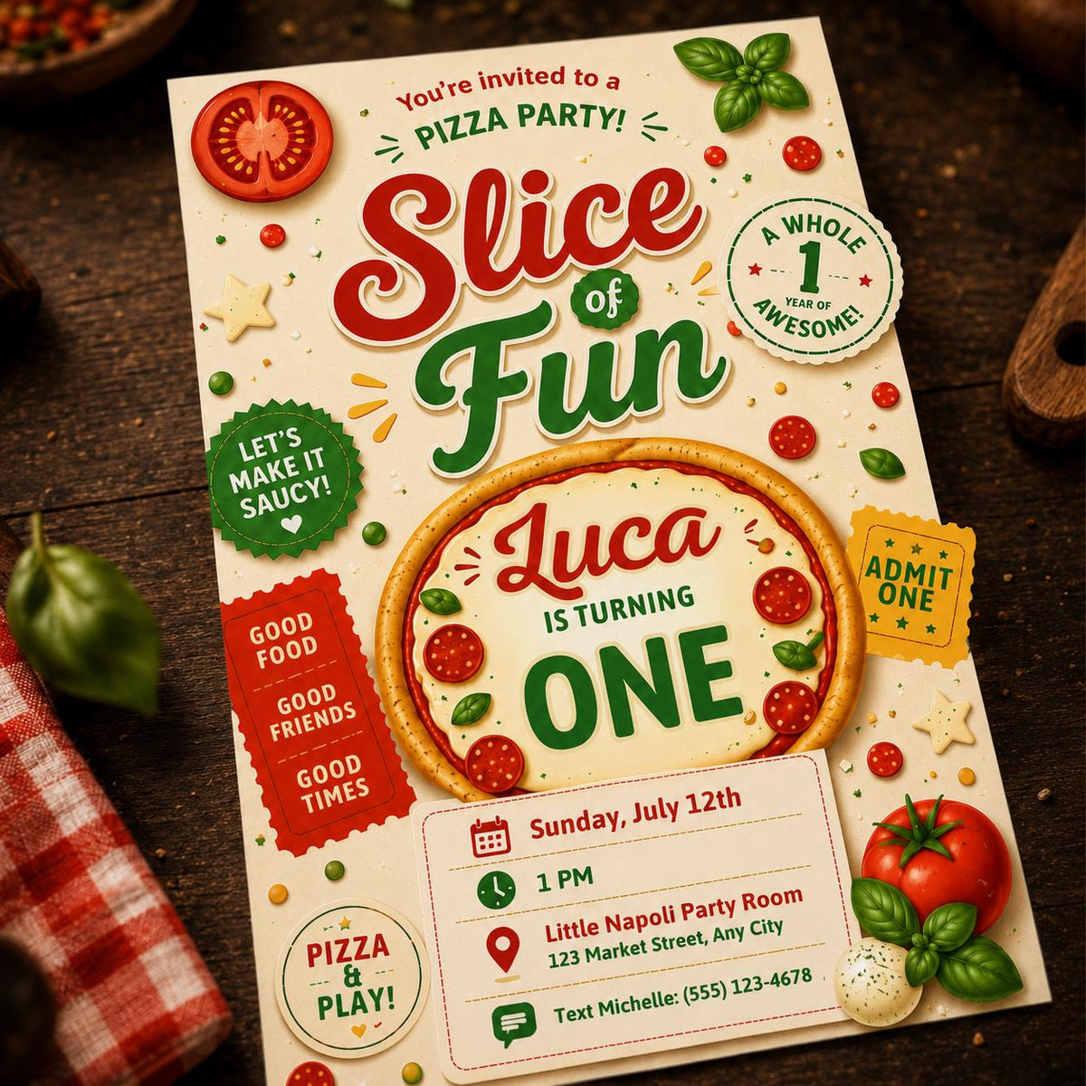 Pizza First Birthday Invitation — first birthday stationery by VoltBy