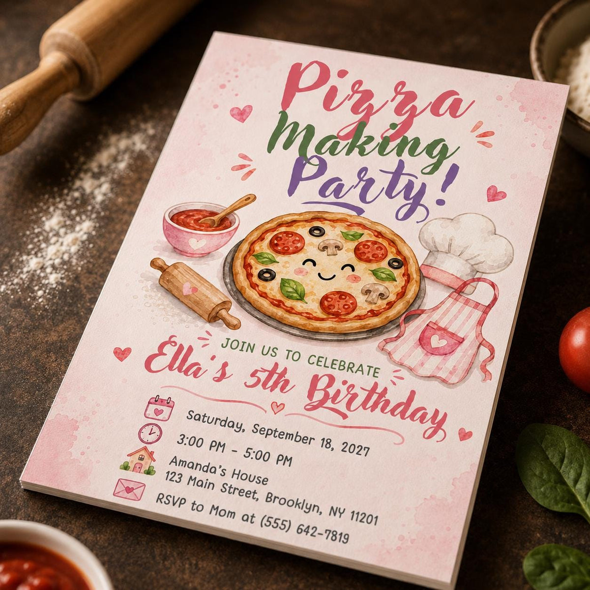 Pizza Making 5th Birthday Invitation for Girls — 5th birthday party stationery by VoltBy