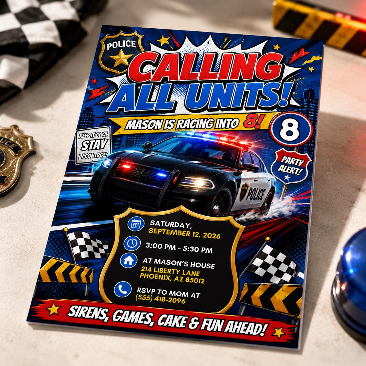 Police 8th Birthday Invitation for Boys — 8th birthday party stationery by VoltBy