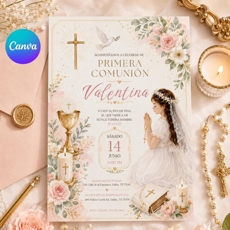 Primera Comunión Invitation with Pink Flowers and Praying Girl