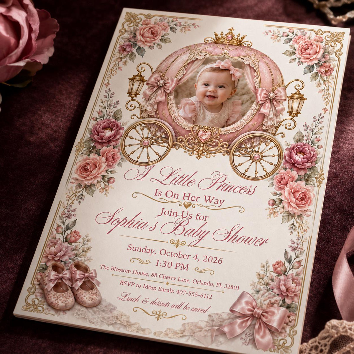 Princess Carriage Photo Baby Shower Invitation — rose artwork in cream and gold