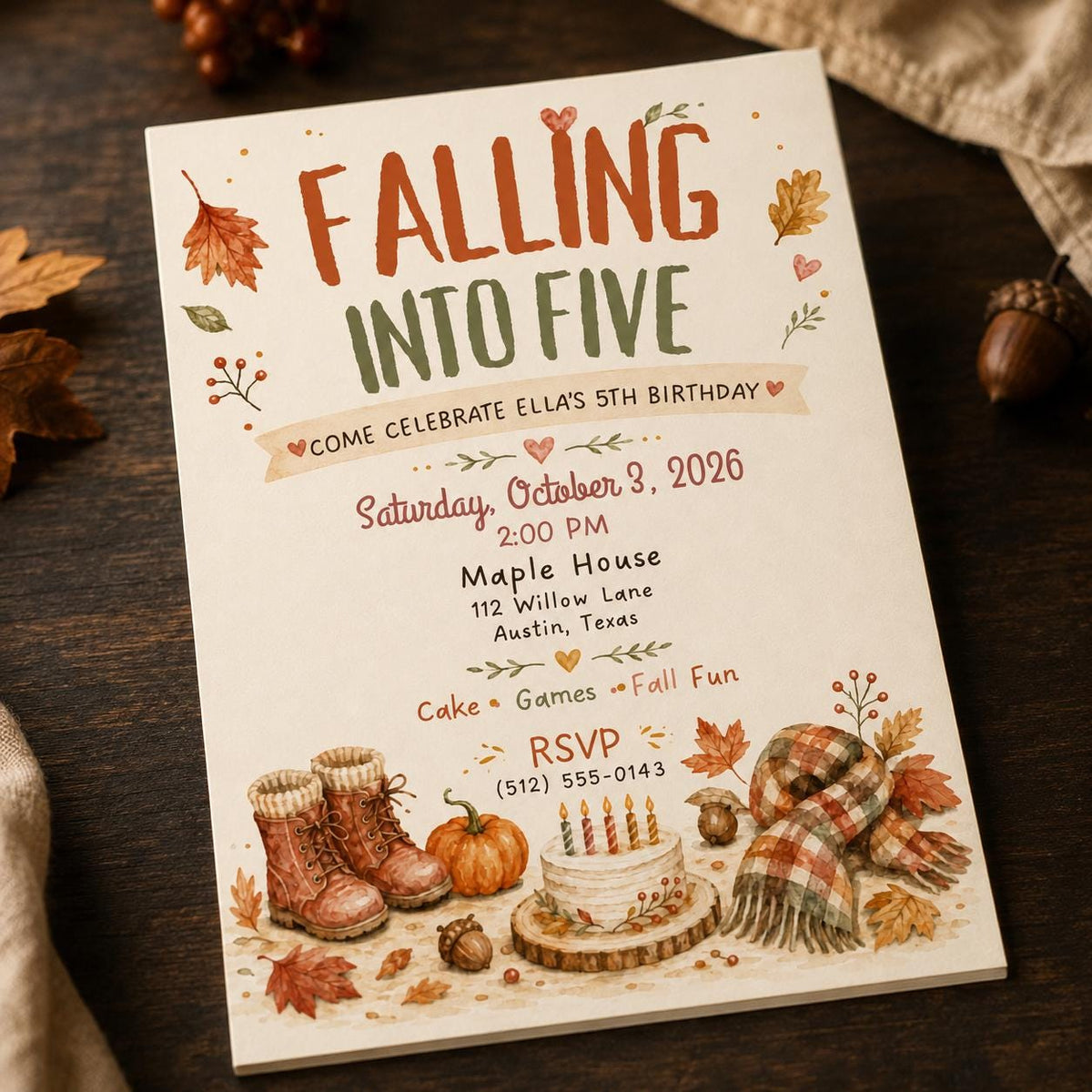Pumpkin 5th Birthday Invitation Fall — 5th birthday party stationery by VoltBy