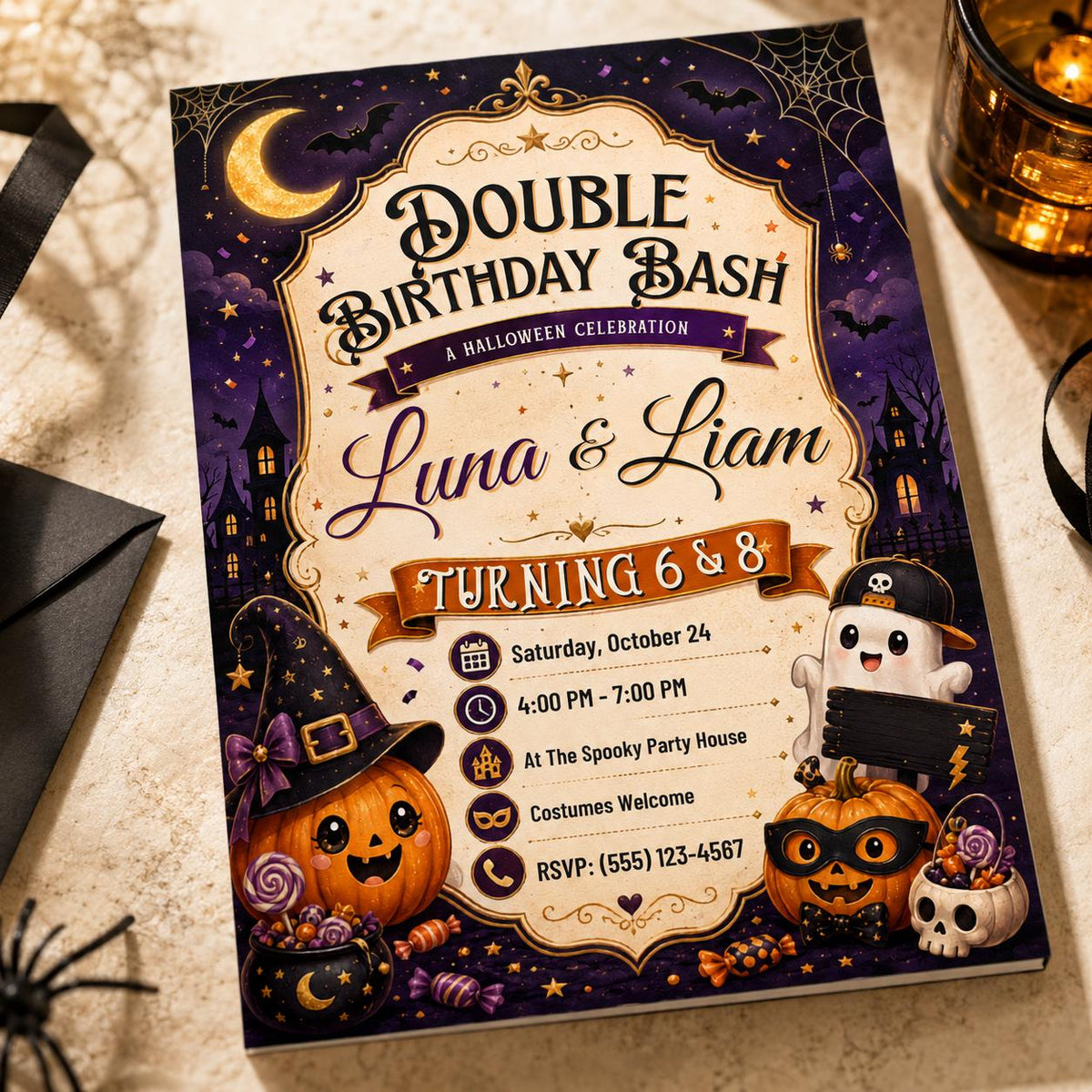 Pumpkin Double Halloween Birthday Invitation: Cute Joint Sibling Party — digital invitation, instant download