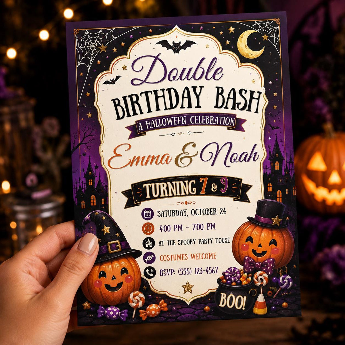 Pumpkin Double Halloween Birthday Invitation: Joint Sibling Costume Party — birthday party stationery by VoltBy