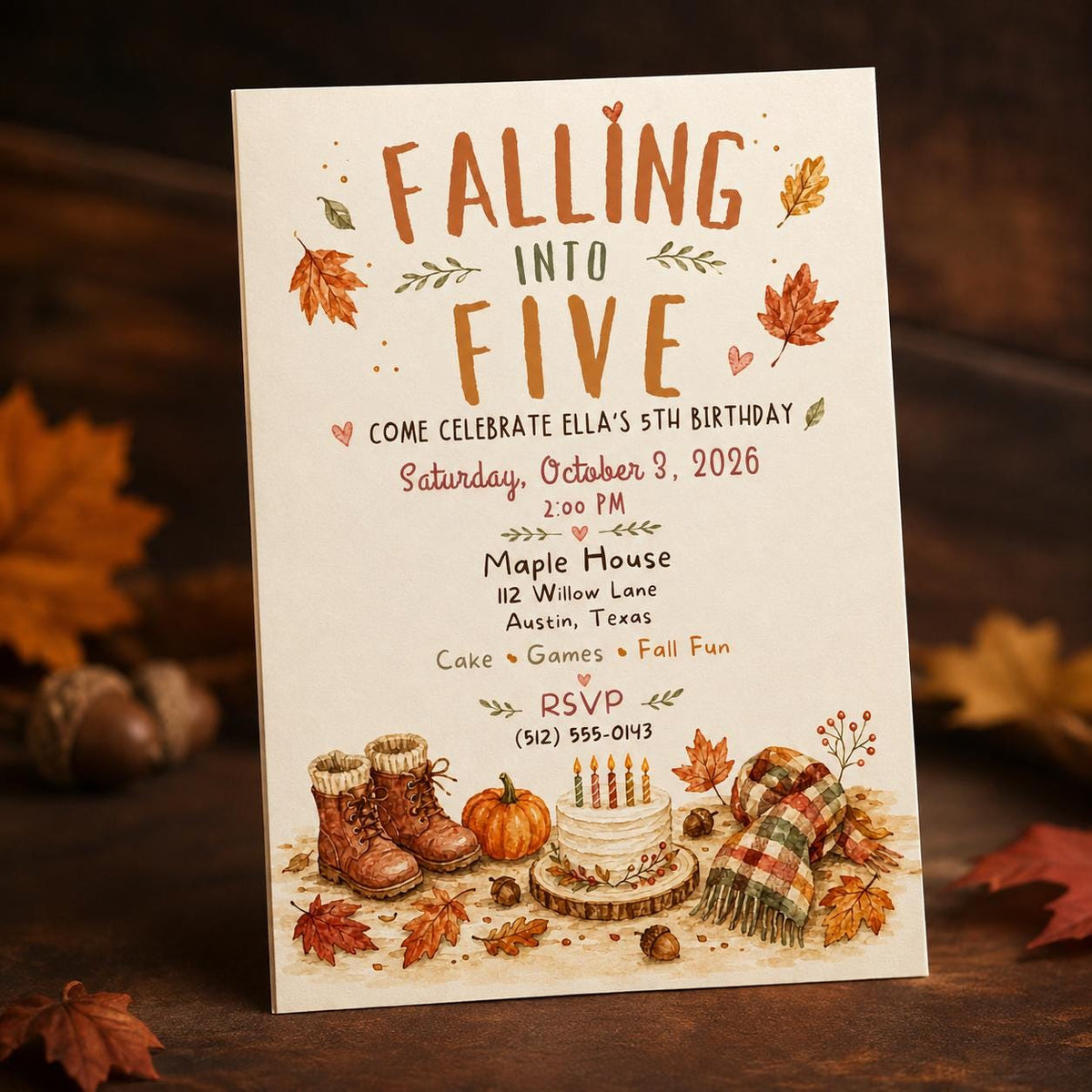 Pumpkin Fall Into Five Birthday Invitation — digital invitation, instant download