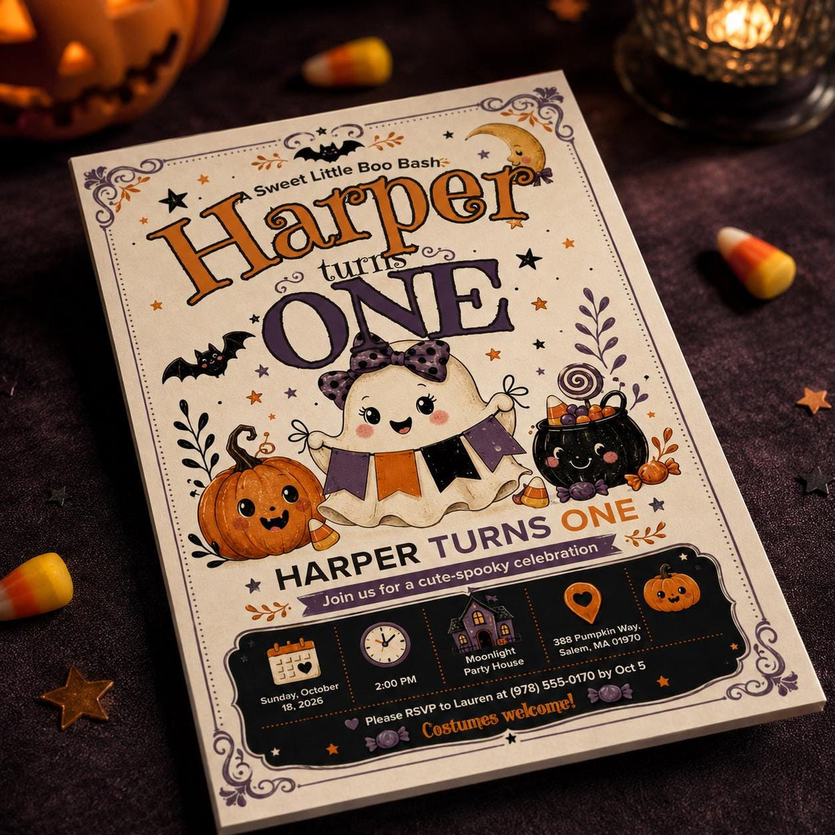 Pumpkin Halloween 1st Birthday Invitation for Girls — digital invitation, instant download