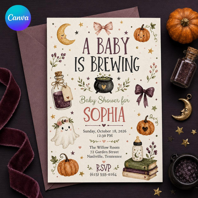 Pumpkin Halloween Baby Shower Invitation: A Baby Is Brewing Witch Pumpkin Girl Shower