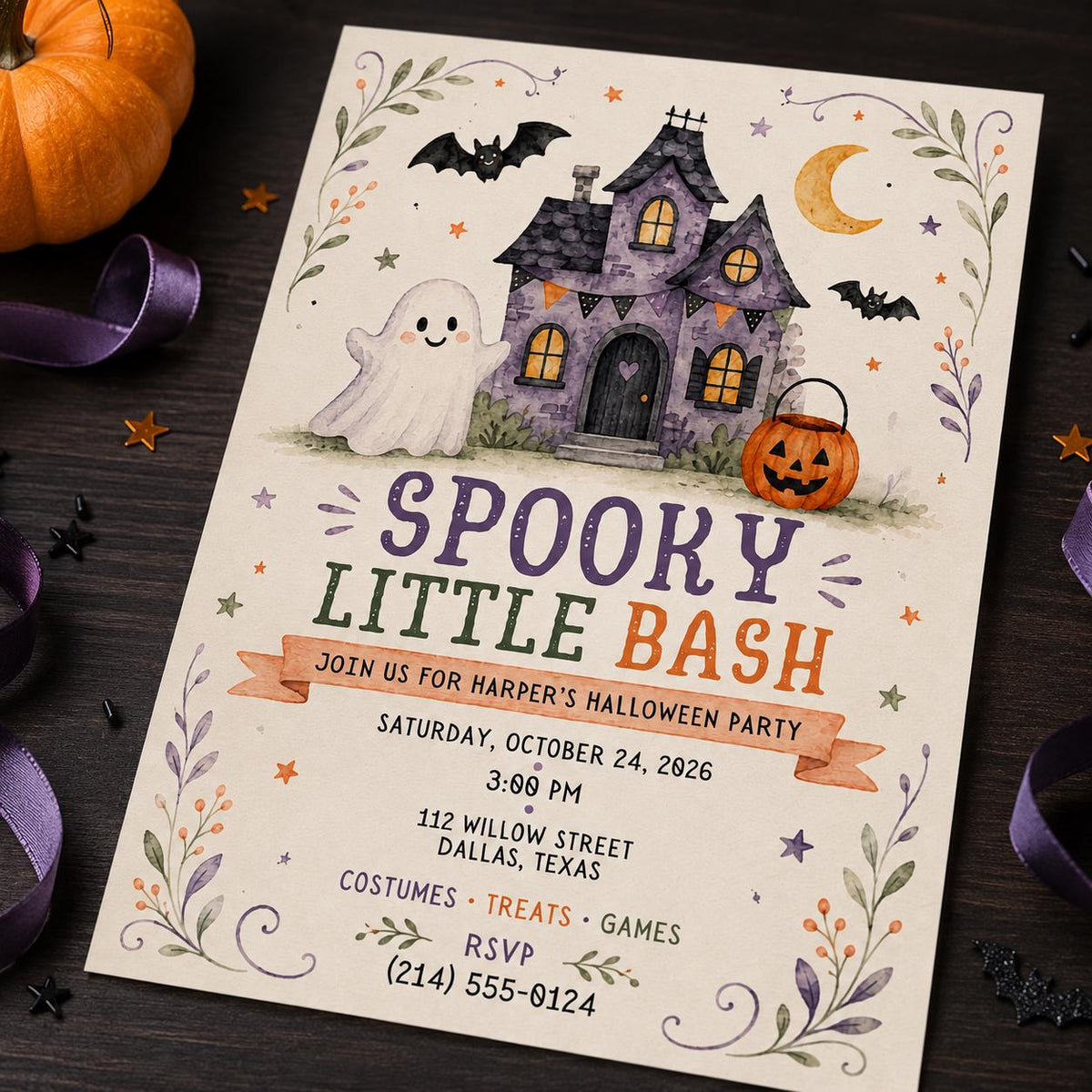 Pumpkin Kids Halloween Party Invitation: Spooky Little Bash Haunted House — digital invitation, instant download