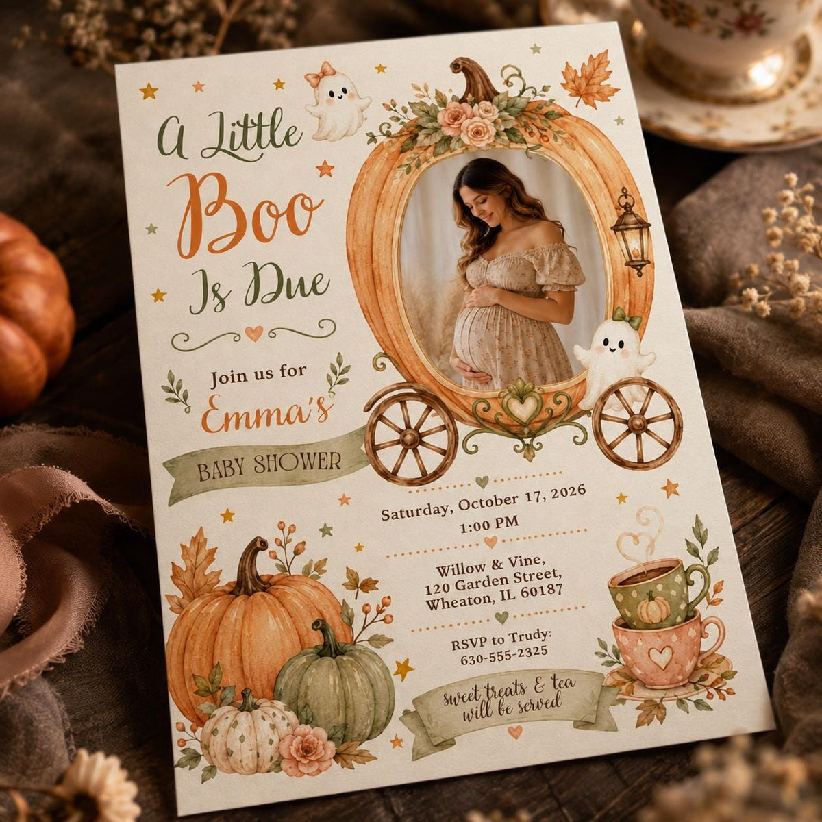 Pumpkin Little Boo Is Due Baby Shower Invitation — digital invitation, instant download