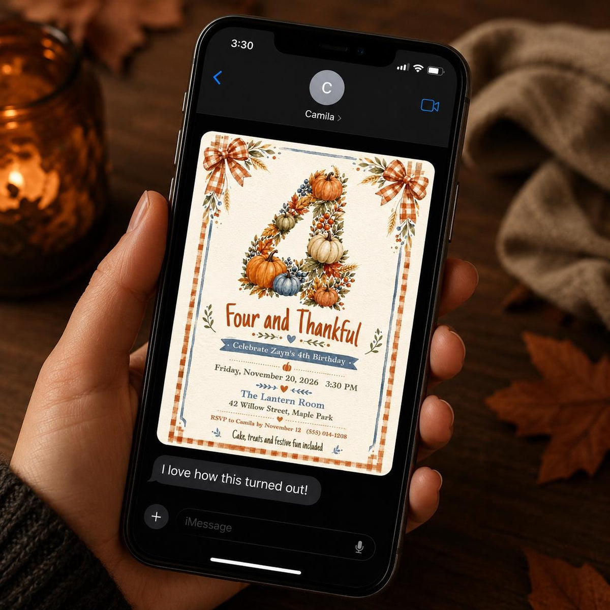 Pumpkin Thanksgiving 4th Birthday Invitation — 4th birthday party stationery by VoltBy