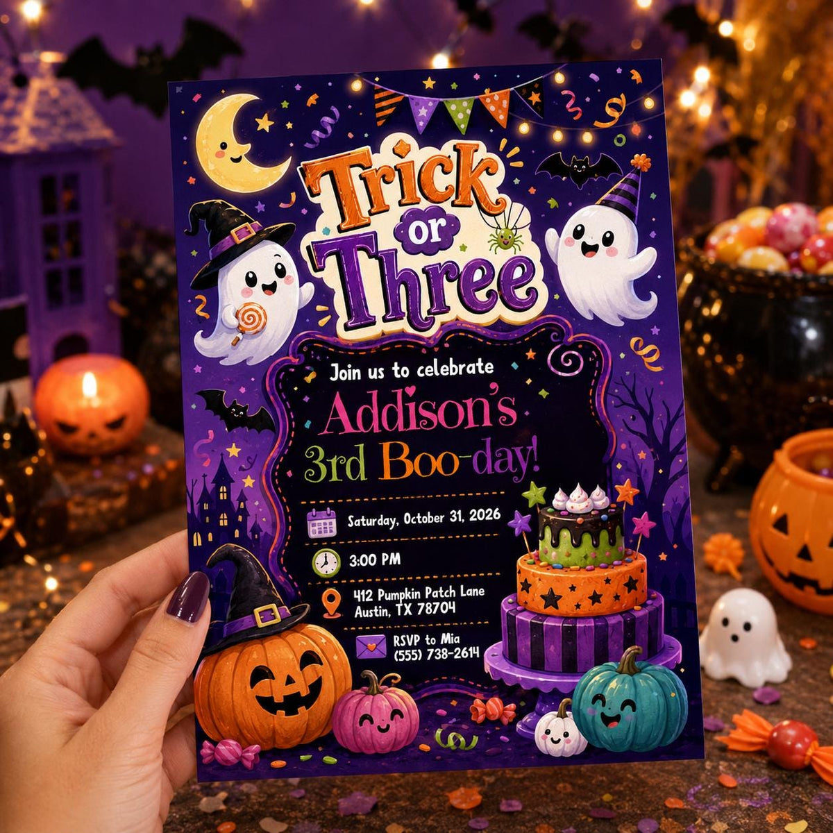 Pumpkin Trick or Three Birthday Invitation — digital invitation, instant download