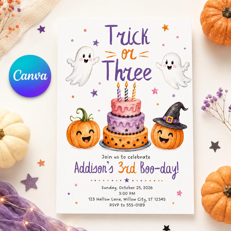 Pumpkin Trick or Three Invitation for Girls