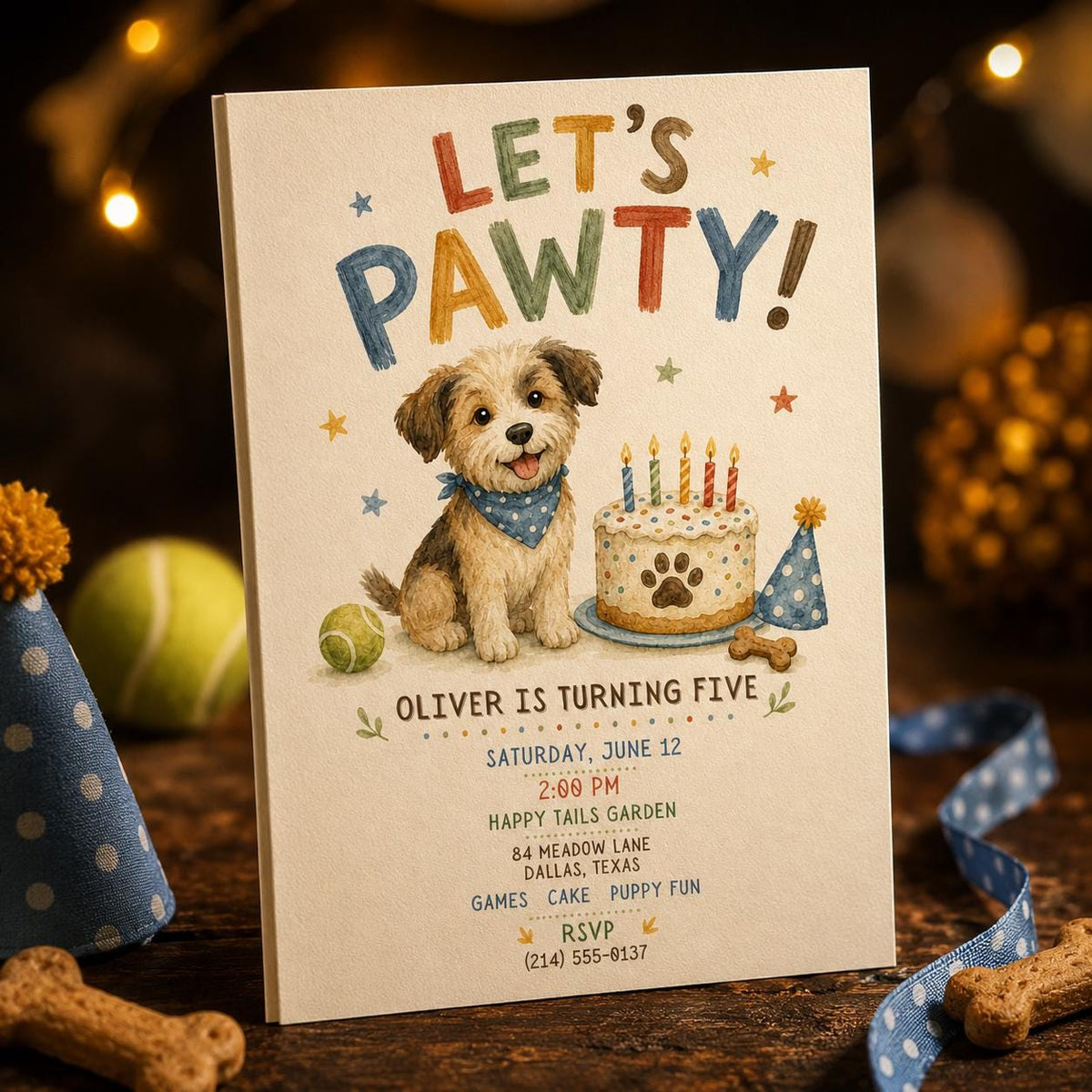 Puppy 5th Birthday Invitation — 5th birthday party stationery by VoltBy