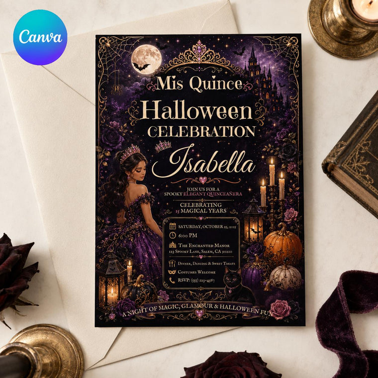 Purple and Gold Halloween Quinceanera Invitation