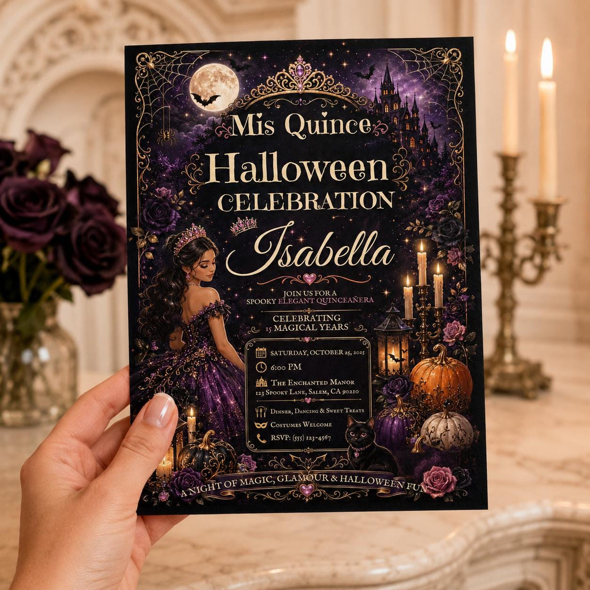 Purple and Gold Halloween Quinceanera Invitation — print-ready quinceañera design from VoltBy