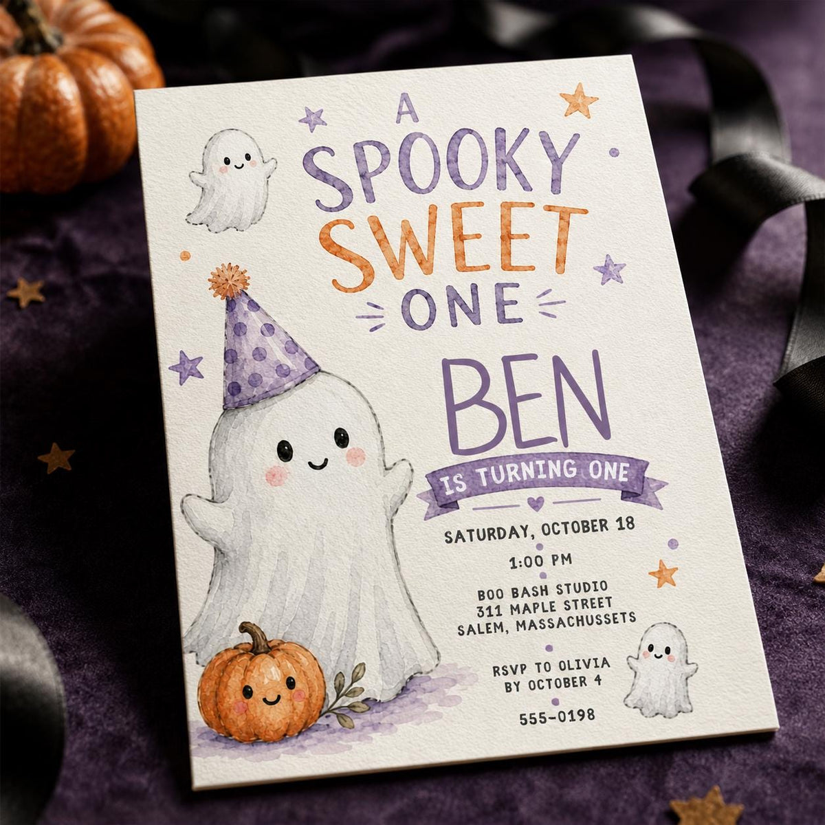 Purple and Orange Spooky Sweet One Birthday Invitation — digital invitation, instant download