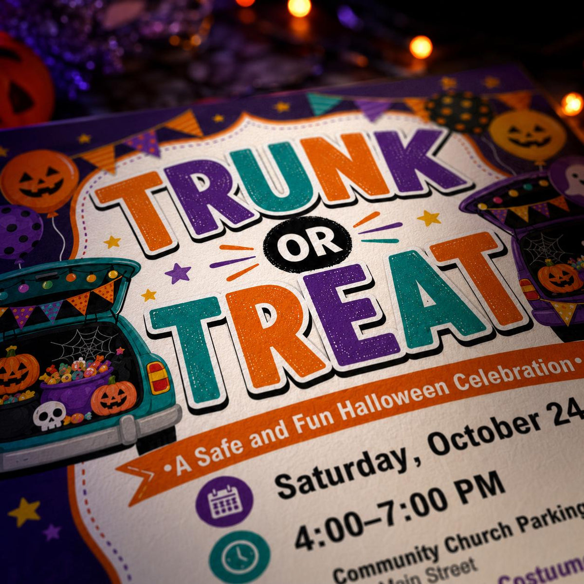 Purple and Orange Trunk or Treat Event Flyer — Halloween party stationery by VoltBy
