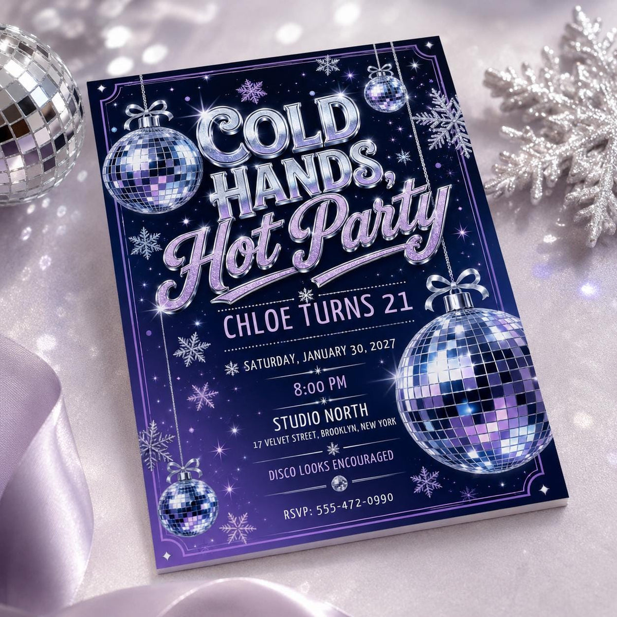 Purple and Silver 21st Birthday Disco Invitation — digital invitation, instant download