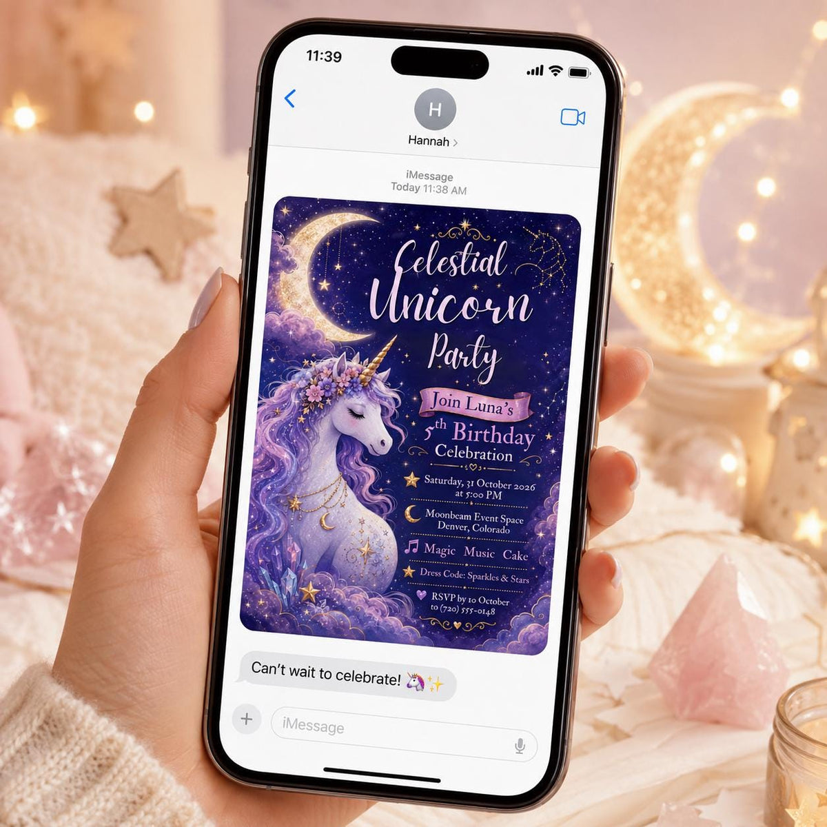 Purple Celestial Unicorn 5th Birthday Invitation for Girls — digital invitation, instant download