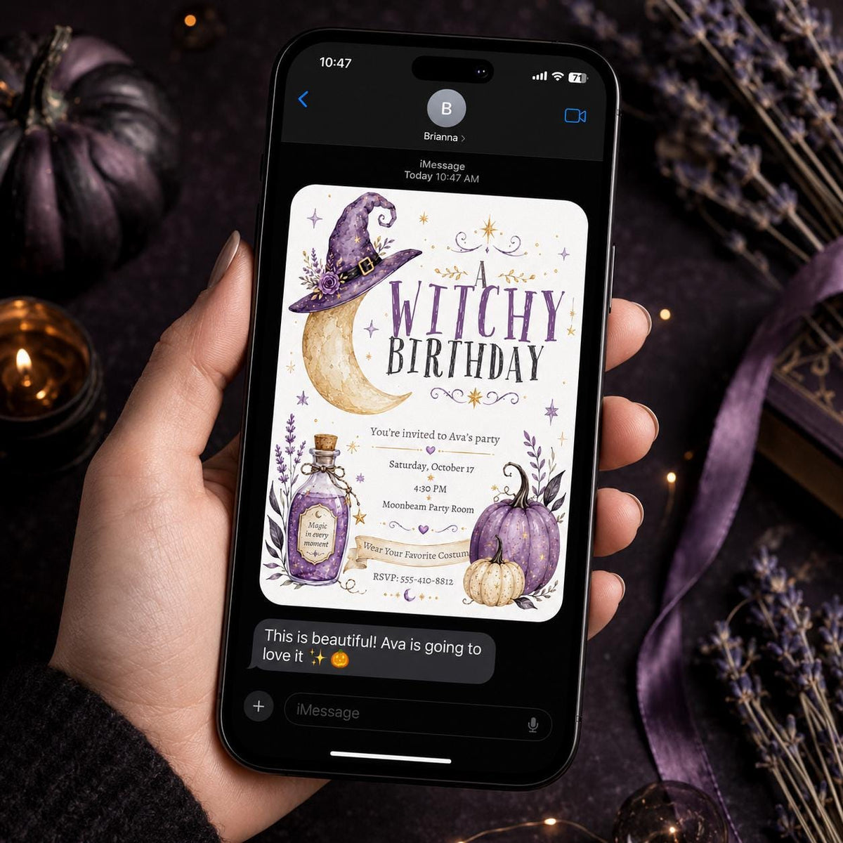 Purple Celestial Witchy Birthday Invitation — digital invitation, instant download