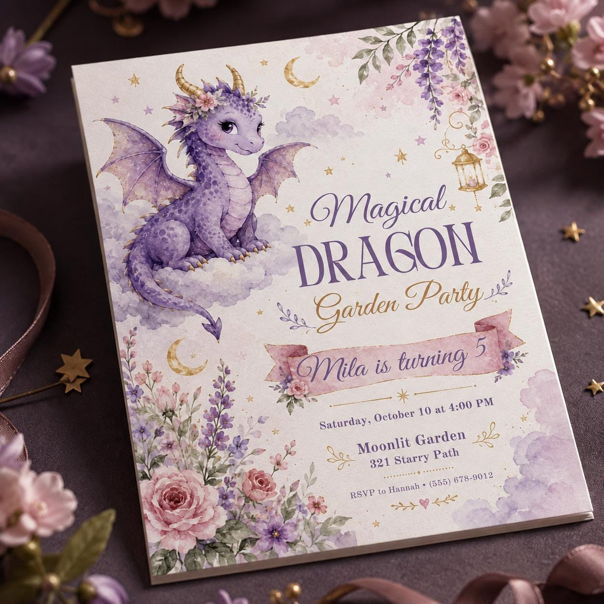 Purple Dragon Garden 5th Birthday Invitation — digital invitation, instant download